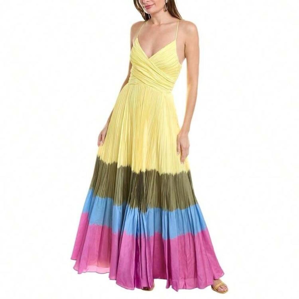 Jonathan Simkhai Yellow Colorblock Pleated Maxi Dress Size 2 NWT